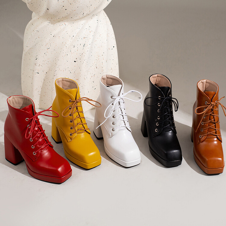 Solid color square head front strap waterproof platform thick heel short leg boots_voghion.com