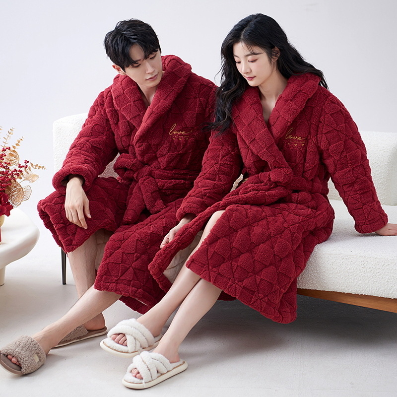 Camisón de pareja de invierno coral de lana de tres capas acolchado forrado de lana engrosada rojo hombres y mujeres boda pareja pijamas Otoño e Invierno