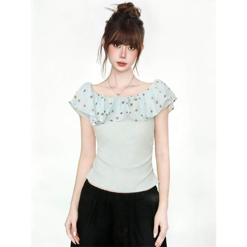 Jiyou French-Style High-End Polka Dot Ruffle Edge Off-Shoulder Short-Sleeve T-Shirt for Women, New Summer Model, Beautiful Top Jiyou French-Style High-End Polka Dot Ruffle Edge Off-Shoulder Short-Sleeve T-Shirt for Women, New Summer Model, Beautiful Top