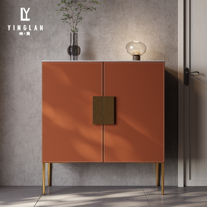 Italian-Style Shoe Cabinet, Light Luxury Entryway Cabinet, Integrated Wall-Mounted Living Room High Cabinet, Saddle Leather Slate Home Storage Cabinet