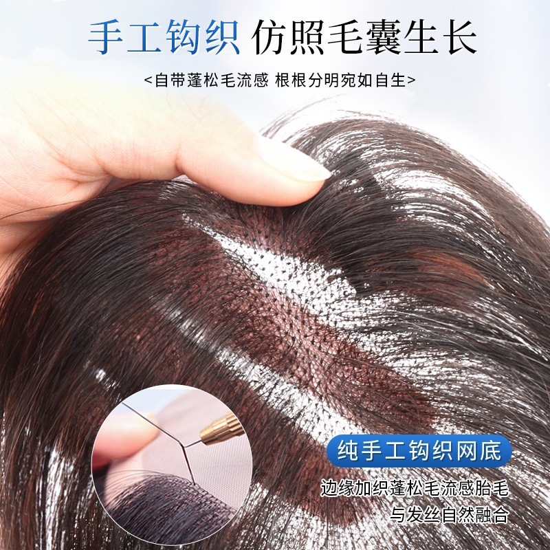 Peruca de mujer, cabello alto, cabello alto, cabello blanco tejido con mano, frente natural, franjas falsas