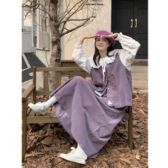 日系灯芯绒开衫马甲+娃娃领衬衫+半身裙2025秋季套装女纯色丝光