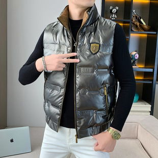 2024 winter men's down vest European goods stand collar down vest men's bright face wash-free letters fashion trend