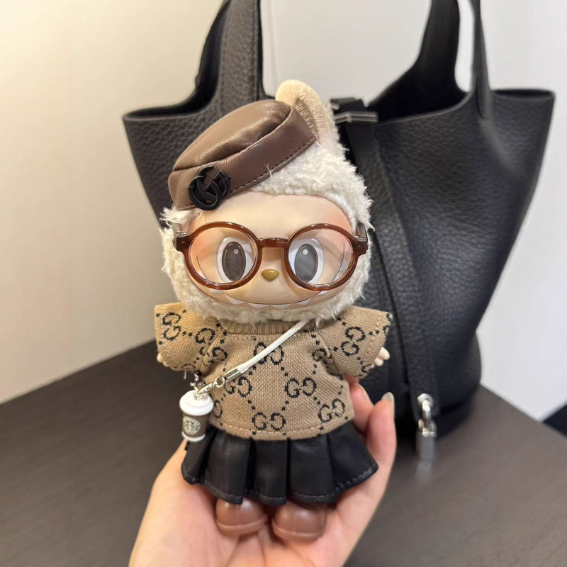 (Labubu Light Luxury Leather Skirt Set) 17cm Labubu Doll Clothes Trendy g Style Old Money Print Third Generation Universal