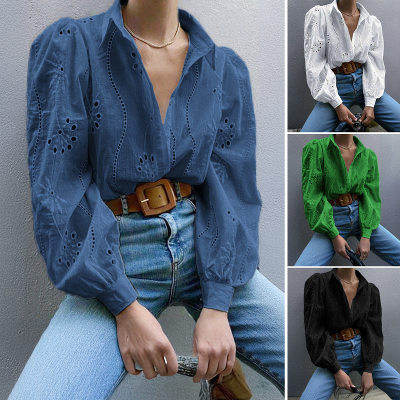 2025 Spring Style Polyester Cardigan Long Sleeve Turn-Down Collar Regular Women's Shirt Origin Hollow Out Commuting Puff Sleeve