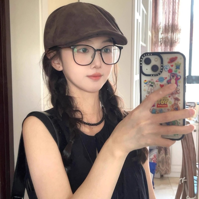 2025新款麂皮绒前进帽女英伦风复古大头围贝雷帽小众百搭画家帽子|undefined