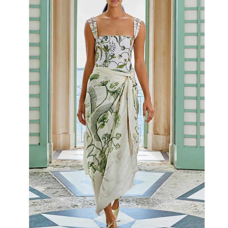 140g Weight Sleeveless Sleeve Length Women's Vacation Plant Solid Color 2 Pieces Set One Piece Swimwear