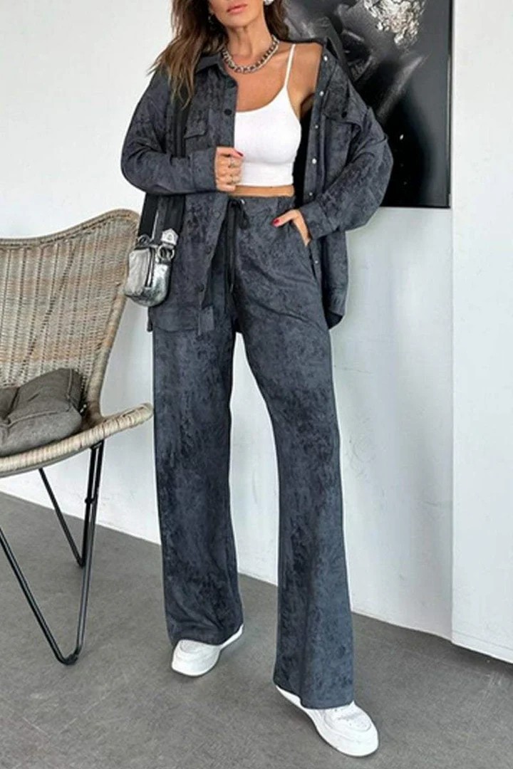 Casual Tie Dye Collared Pocket Shirt Drawstring Wide Leg Pants Set