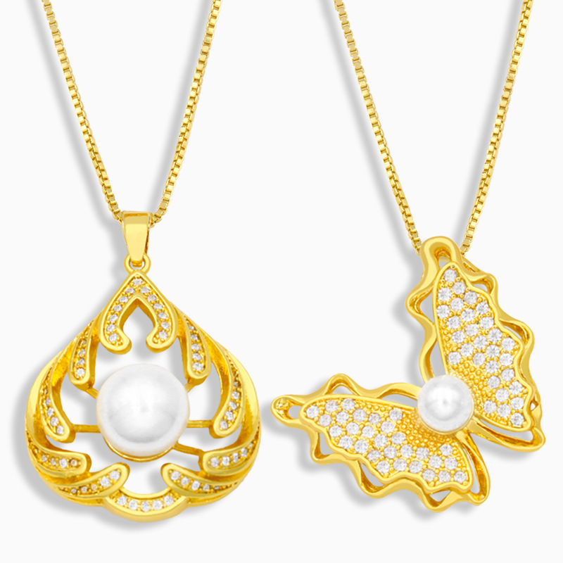 Mode Perle Schmetterling Kupfer Eingelegte Zirkon Halskette Großhandel display picture 3