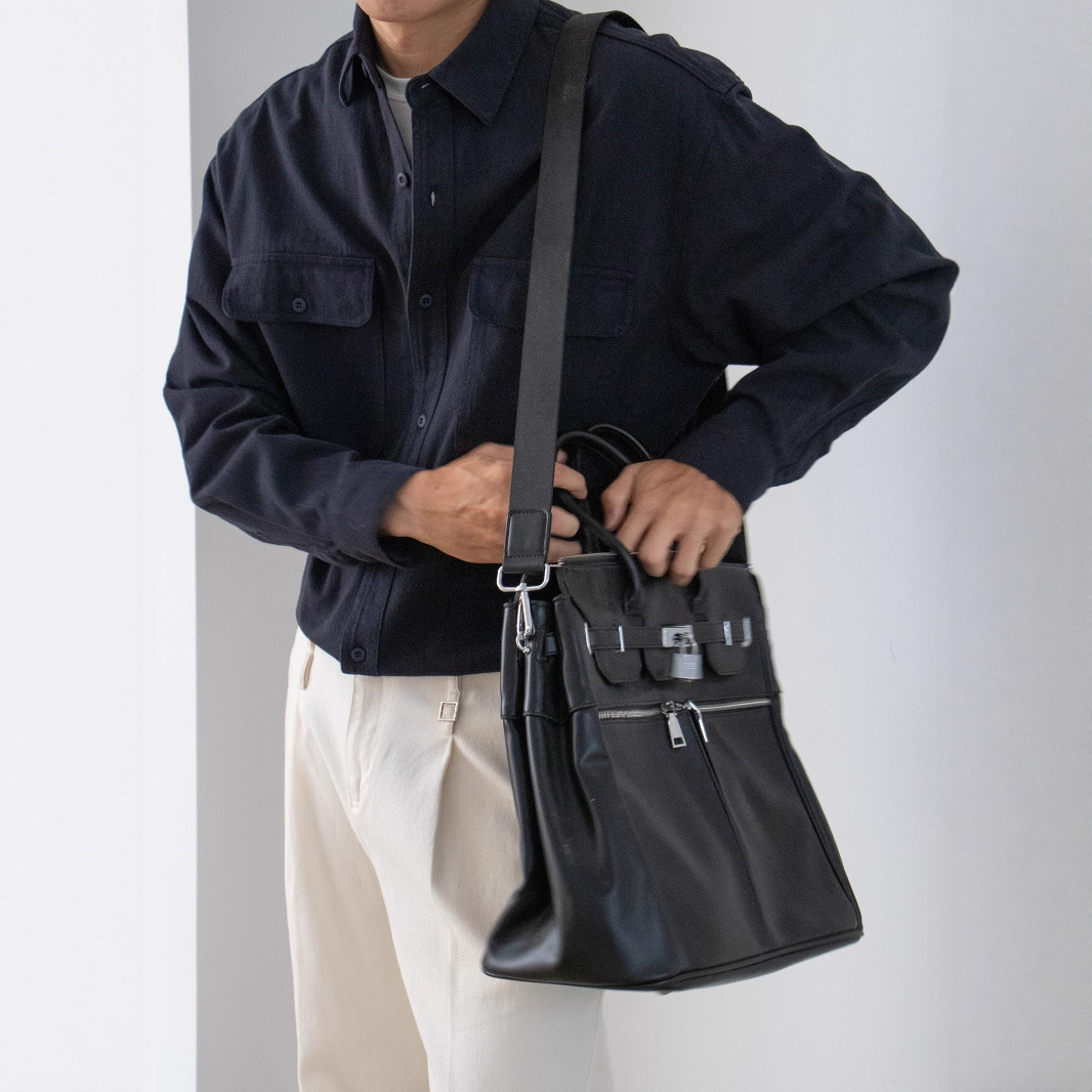 能盟纯棉双口袋工装翻袋盖衬衫男秋季日系复古宽松男士衬衫上衣