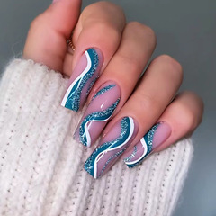 Long-style ballet nails with dazzling glitter, rippled design, and chic blue-and-white color combination—perfect for creating a bright, sweet, edgy, and effortlessly Instagram-worthy look!