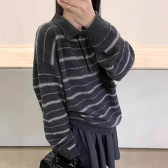 2025早秋新款时尚条纹羊毛衣女宽松套头系扣polo领针织衫翻领上衣