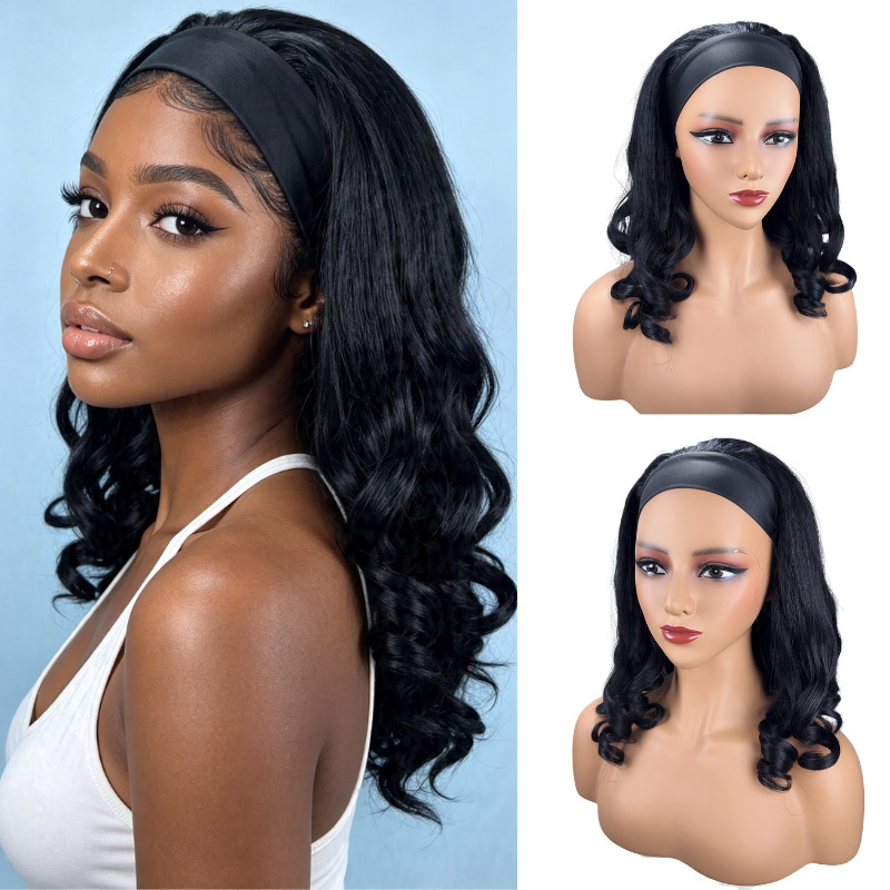 Cross-border wigs for African women, short curly hair, ice silk headband style, high-temperature silk headpiece, voluminous big waves, in-stock wholesale Cross-border wigs for African women, short curly hair, ice silk headband style, high-temperature silk headpiece, voluminous big waves, in-stock wholesale