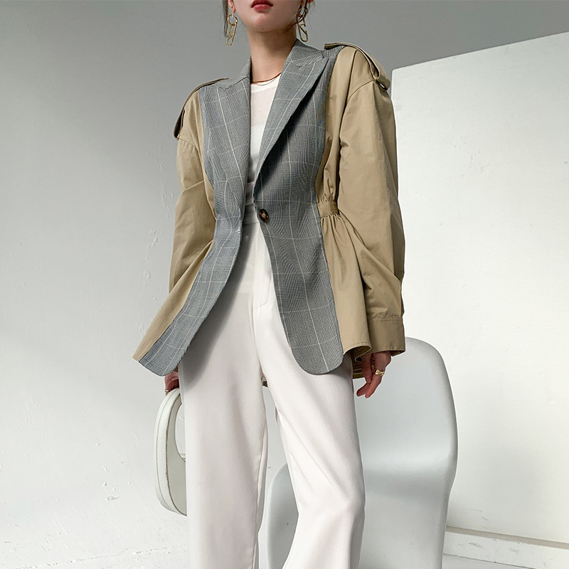 2021年春季新款拼接收腰撞色西装格林童话拼色西装领衬衫袖女上衣