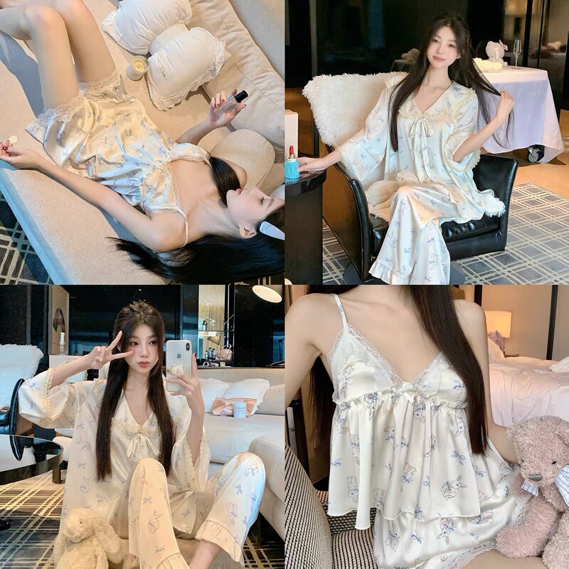 【Sea Salt Bunny】Doll Collar Pajamas Long Pants Pure Desire Lace Trim Ice Silk Homewear High-End Four-Piece Set