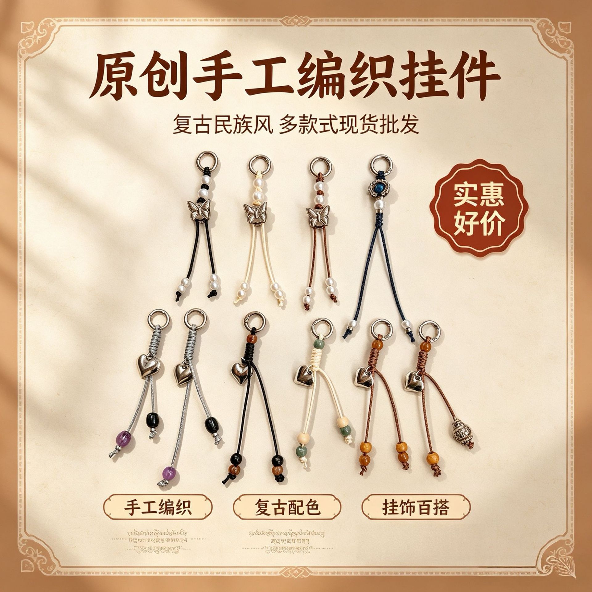 Vintage ethnic style hand-woven pendants with pearls, butterflies, hearts, and metal decorations for bags and pants accessories wholesale