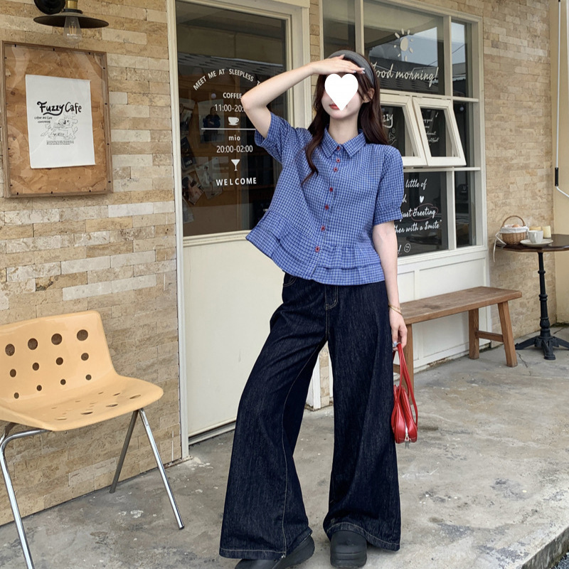 法式蓝色格子泡泡袖衬衫女2025夏季miu系通勤开衫荷叶边衬衣上衣|undefined