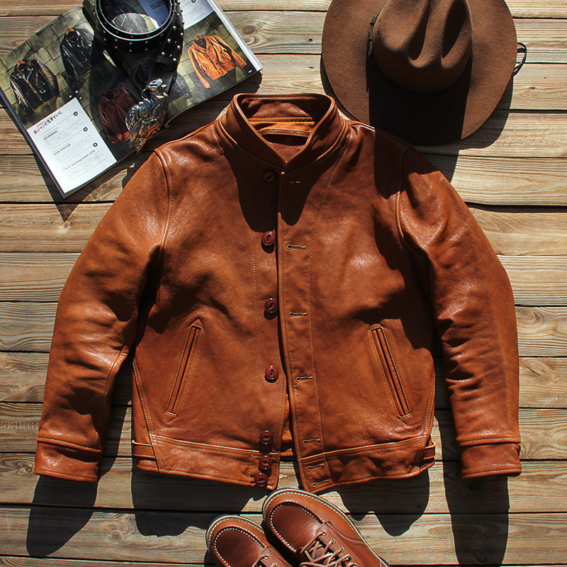 American Retro Ami Khaki Einstein Genuine Leather Jacket Men's Stand Collar Single-Breasted Vegetable Tanned Goatskin Leather Jacket