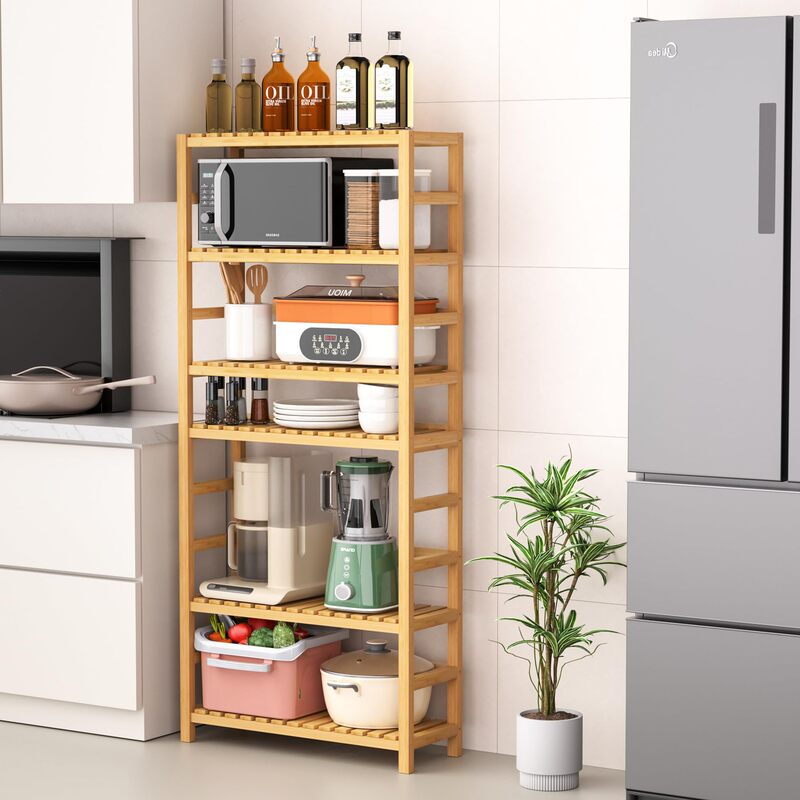 Bamboo Storage Shelf Unit with Adjustable Shelves, Tall Bookcase for Bathroom, Living Room, Balcony, Kitchen, Natural