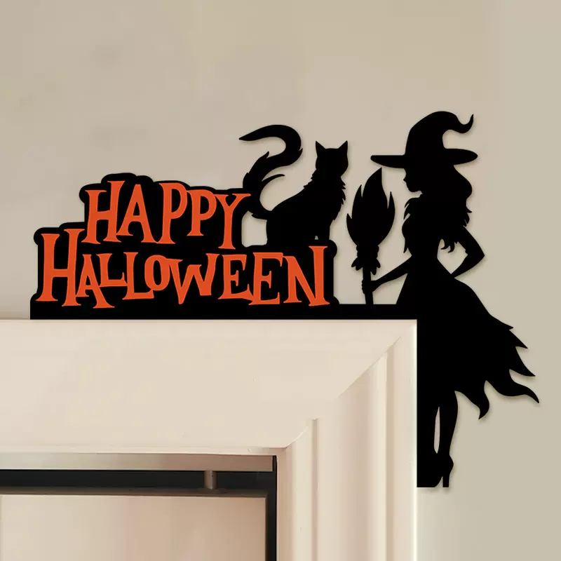 跨境万圣节派对装饰氛围门角门楣装饰女巫黑猫木质挂件门挂饰摆件