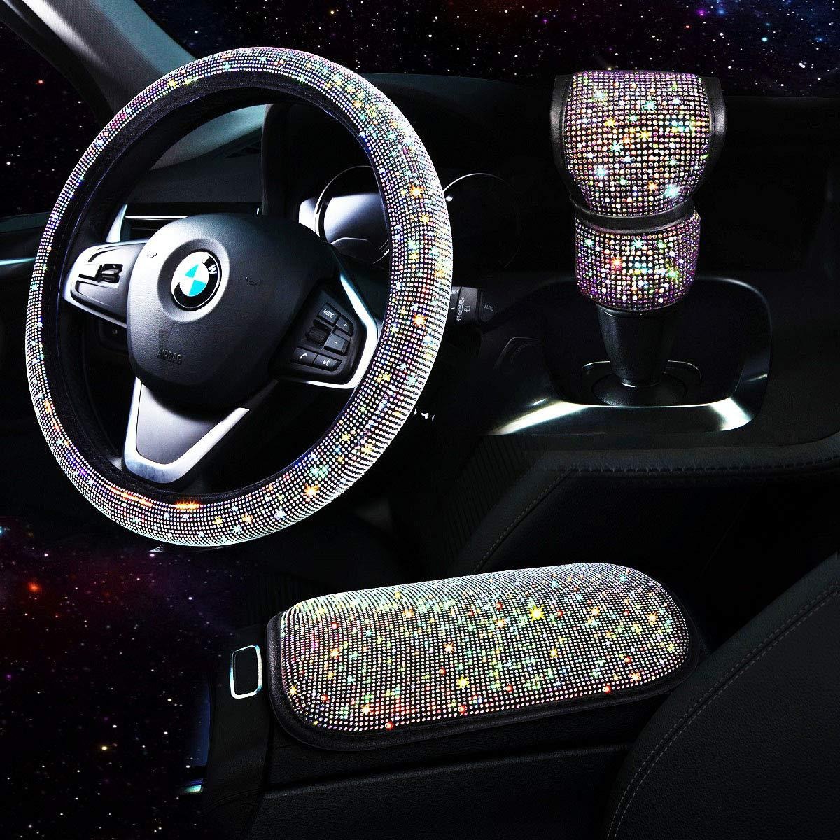 Car Steering Wheel Cover with Hot Diamonds, Full Diamonds, Rhinestone Armrest Box Pad, Gear Handle Cover, Cross-Border Popular Three-Piece Set Wholesale
