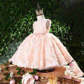 女童公主裙2025夏季无袖圆领露背糖果周岁礼服宝宝儿童礼服公主裙