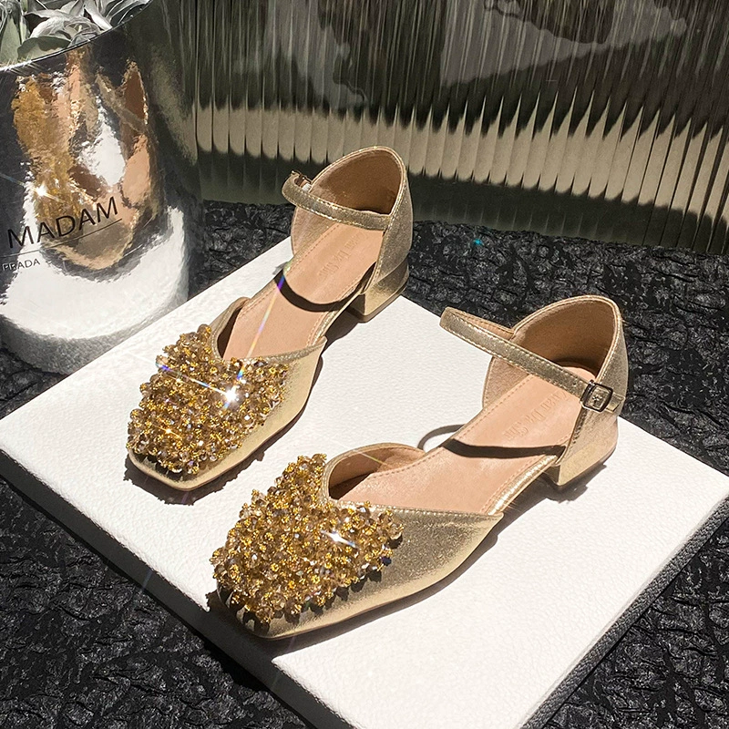 французские босоножки со стразами для женской летней верхней одежды с юбками, однолинейные пряжки на толстом каблуке, полые туфли на плоской подошве 41, женская обувь большого размера 42