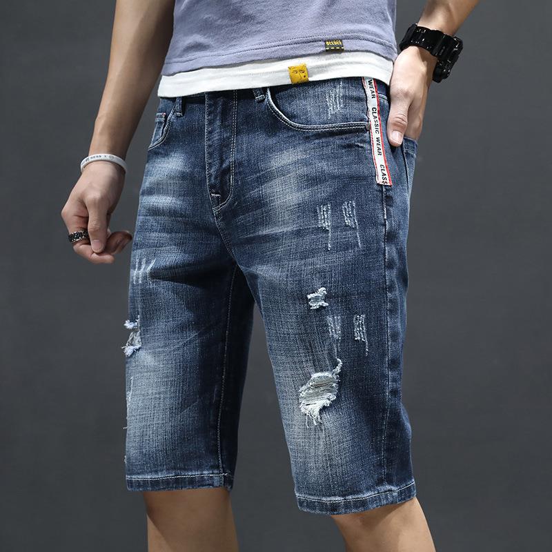 2020 Men's Denim Shorts Summer Thin Fashionable Loose Medium Pants Five-point Seven-point Hole Five-point Seven-point Breeches
