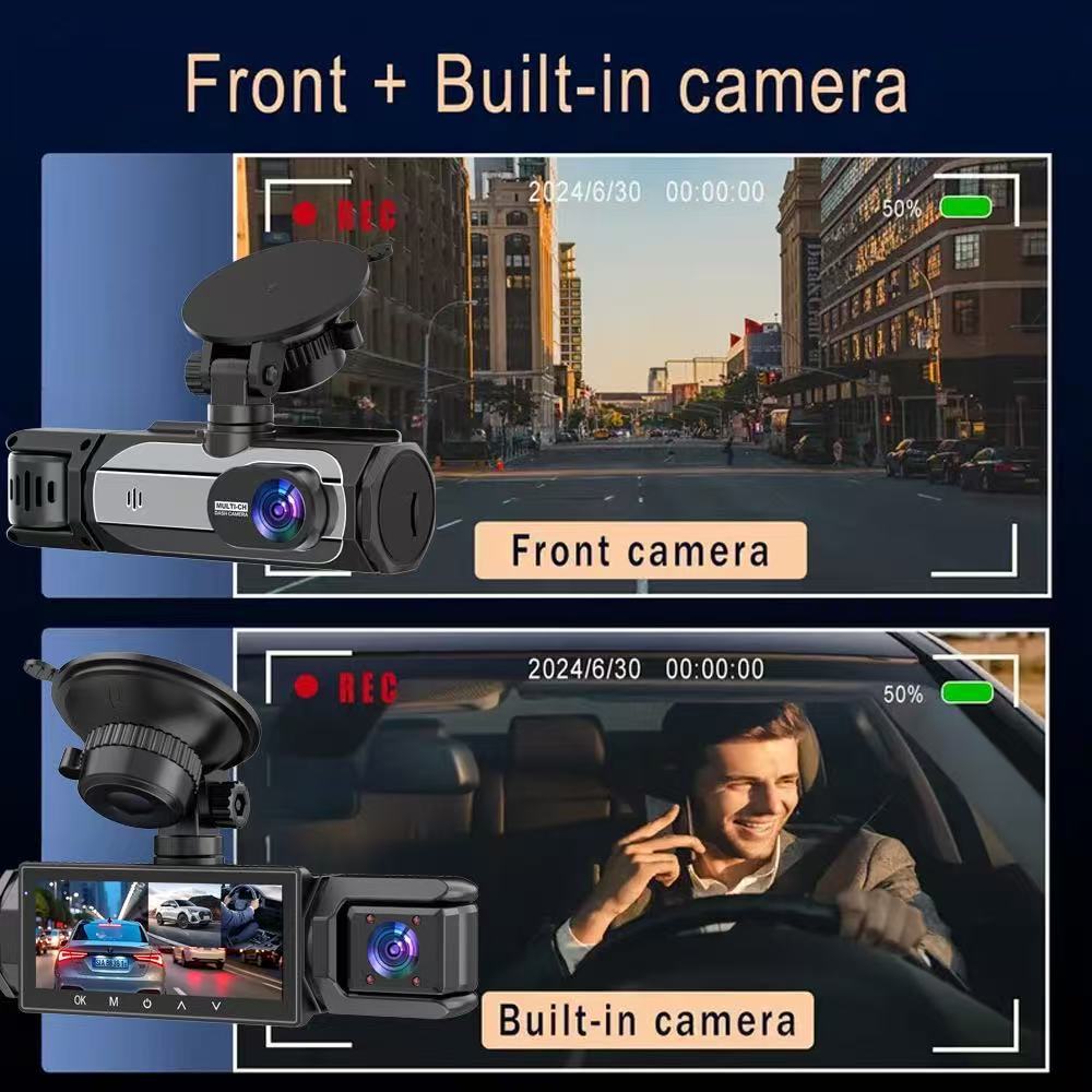 Three-lens dashcam for ride-sharing services with WiFi connectivity, infrared night vision, wide-angle, and in-car synchronized recording