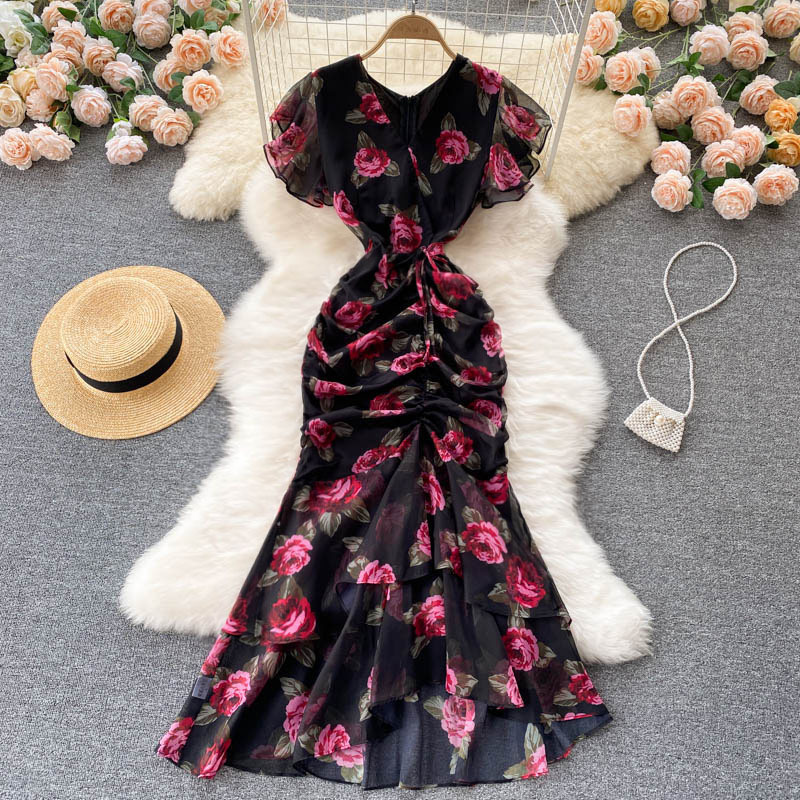 dress New Arrival Light Luxury Socialite Chiffon Printed dress Elegant Ruffled Fishtail dress Women's Skirt Slimming