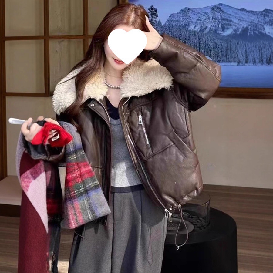 European Style Large Lapel Fleece-Lined Thick Leather Jacket Women's Short 2025 Winter New Fashion Retro Loose Motorcycle Jacket