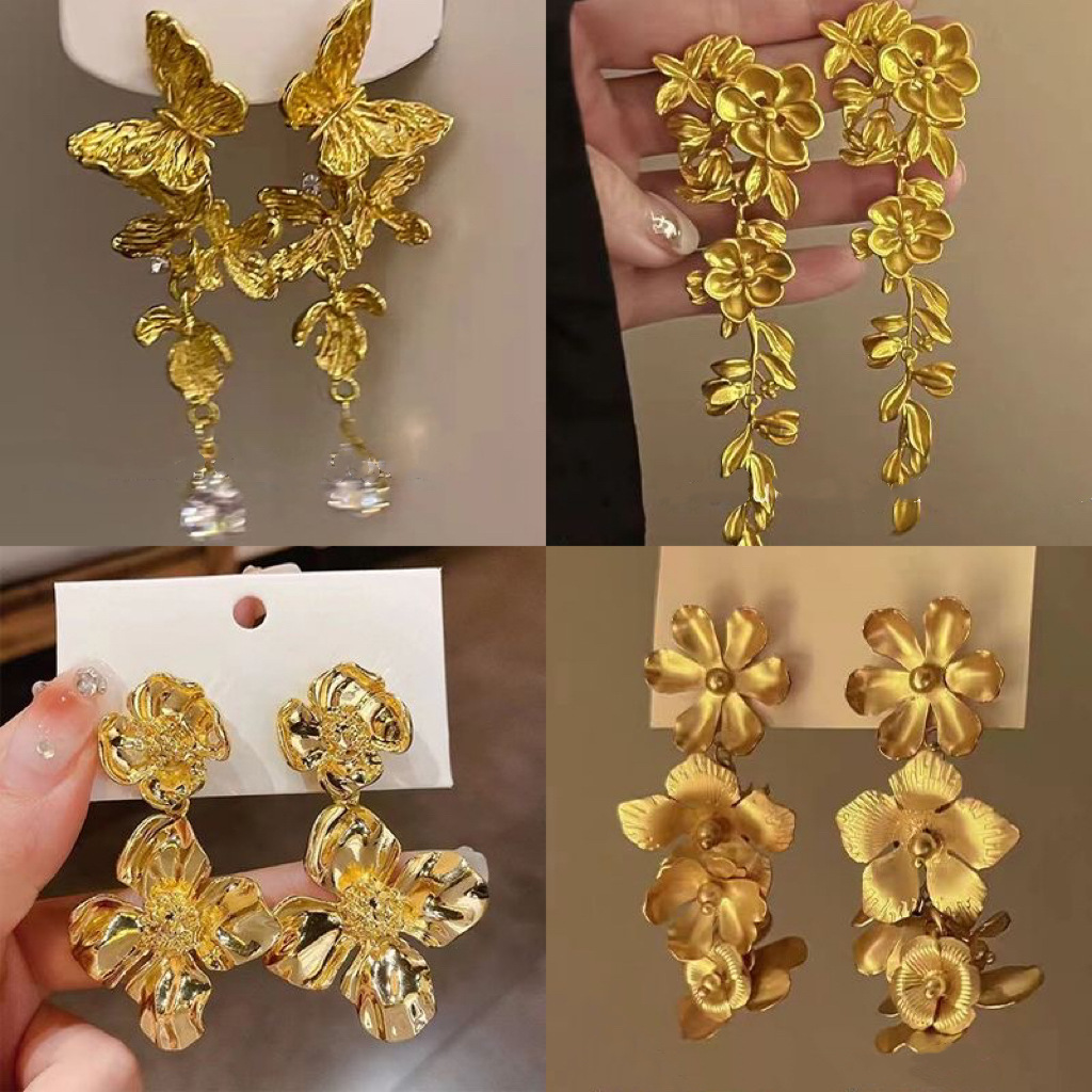 Pendientes de borla de flor de metal con aguja de plata Pendientes de temperamento de moda Pendientes exagerados de nicho europeo y americano