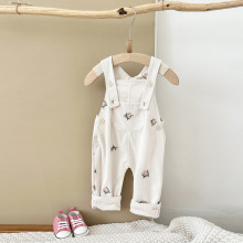 ins宝宝女婴碎花刺绣背带长裤春秋灯芯绒女童打底裙子跨境热销