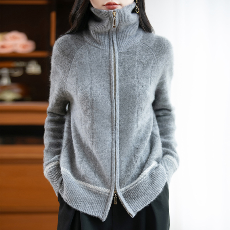 2026秋冬新款立领拉链100%纯羊毛针织开衫女纯色复古麻花毛衣外套