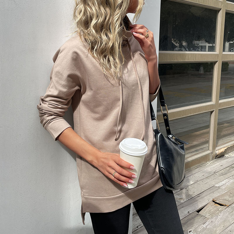 Düz Renk Yığın Yaka Orta Boy Spor Kazak Sweatshirt_voghion.com