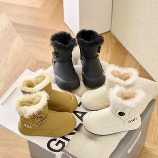 2025 New Winter Kidsren's Snow Boots Rotating Button Toe Anti-Kick Real Fur Thickeneded Large Cotton Shoes for Boys and Girls