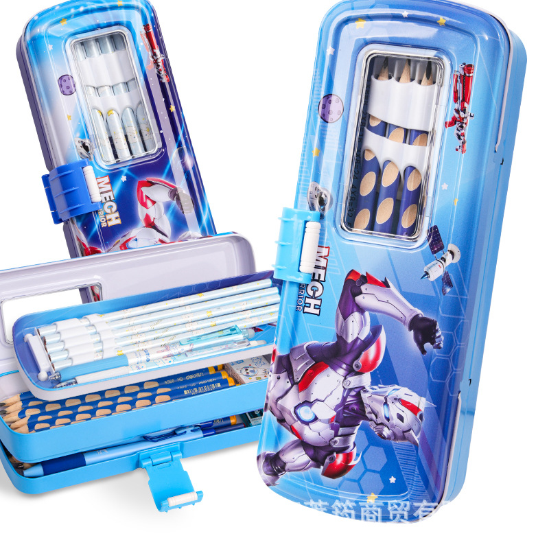 Estudiantes de primaria masculinos de tres capas caja de papelería de hierro caja de lápiz de estaño creativa caja de dibujos animados robot multiplicación caja de lápiz