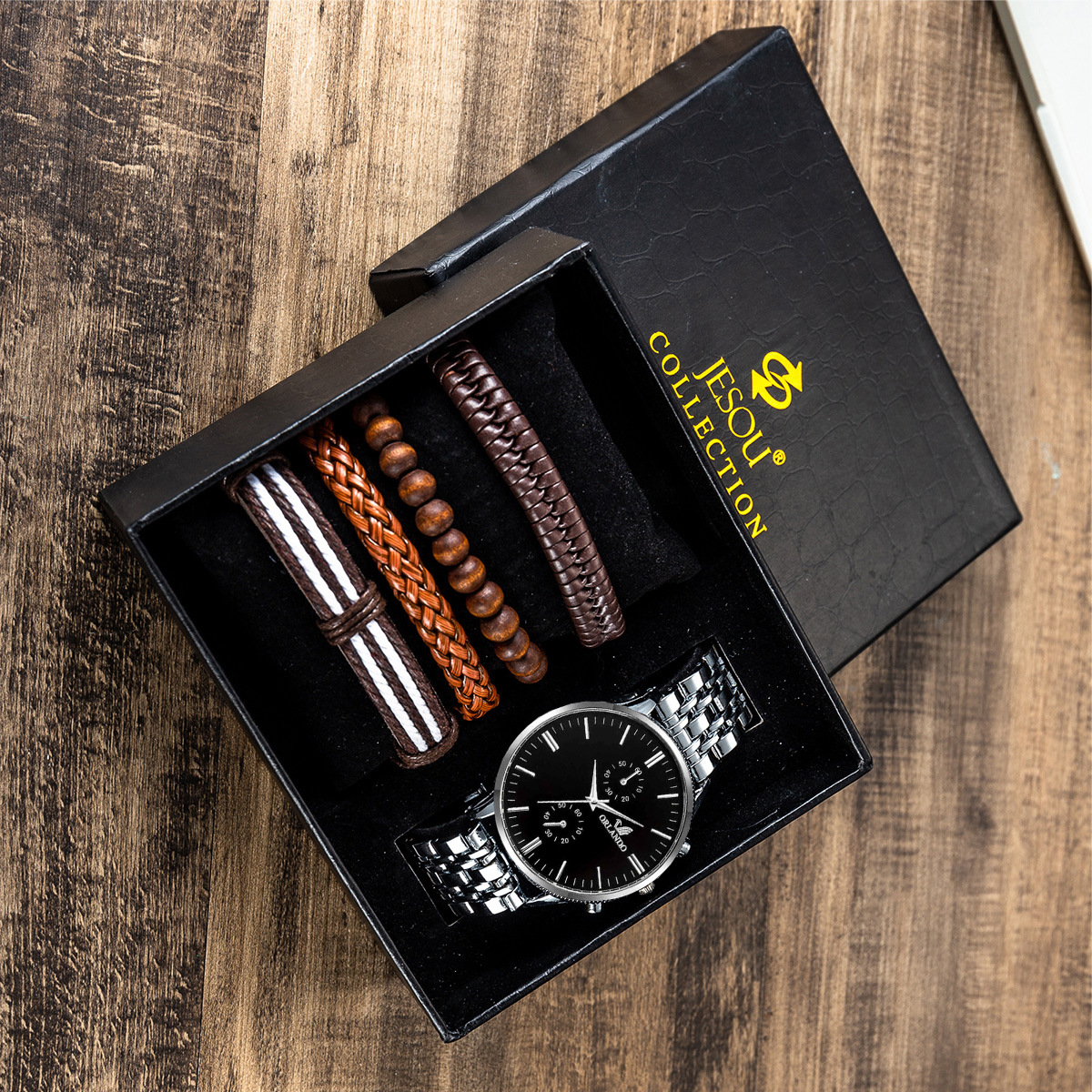 2023 New Hot Selling Watch for Men's Fashion Trend Steel Band Quartz Watch+bracelet Set -5pcs/set_voghion.com