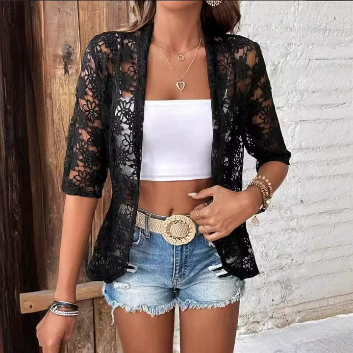 Модный кружевной цветной кардиган, 2024 год, Aliexpress, европейский стиль, с коротким рукавом