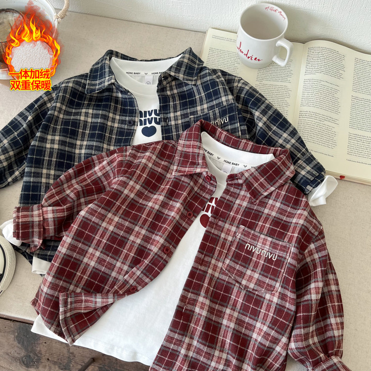 男の子用チェック柄シャツ 秋冬2025新作 子供服 かっこいい男の子用長袖シャツ 裏起毛薄手ジャケット|undefined