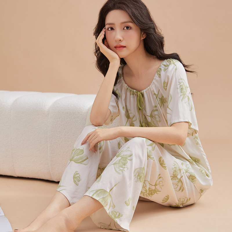 Comfortable Women's Cotton Silk Pajamas Loose Short-sleeved Trousers suit Lace-up Rope Collar Multi-color Multi-wear Main Push