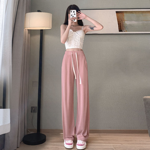 Ice silk wide-leg pants for women, long trousers with drape, summer, small, high-waisted, slim casual pants, loose straight pants