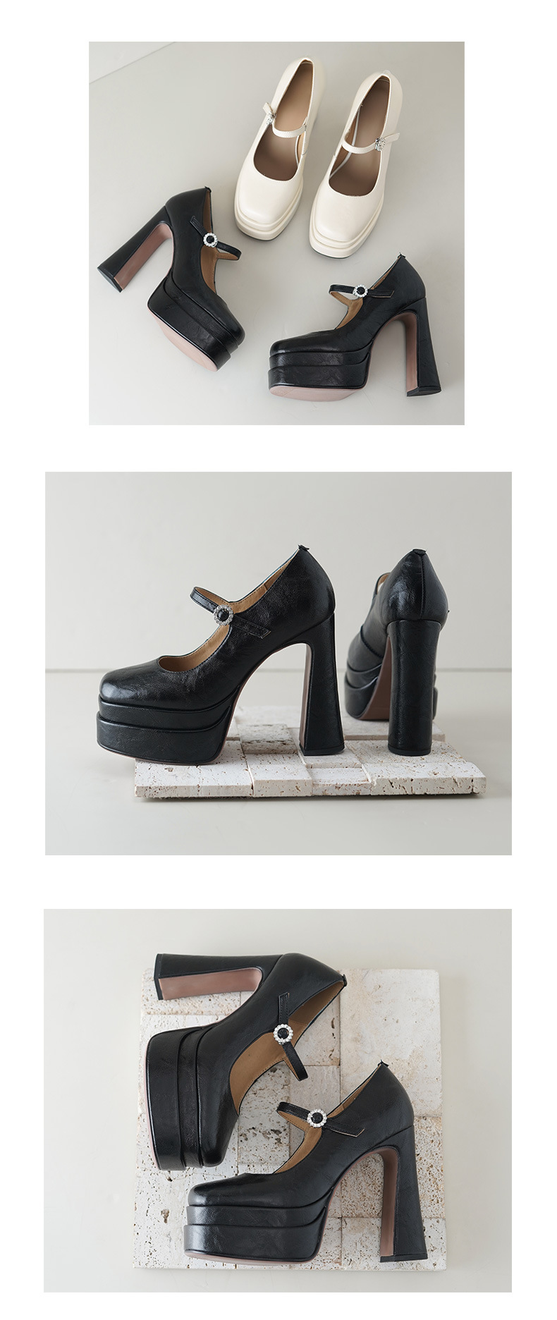 Giày cao gót nữ mũi vuông kiểu Pháp, cổ thấp, đế platform, quai một chữ, gót siêu cao 12 cm, phù hợp dự tiệc cưới — màu đen, màu trắng ngà chi tiết 7