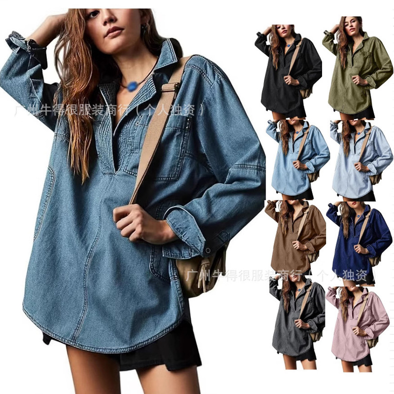 Cross-Border Independent Platform Cross-Border Denim Jacket New European and American Long-Sleeved Jacket V-Neck Fashion Design Casual Jacket