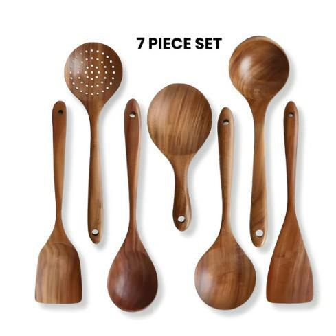 Set de madera de teca horquilla de madera sólida horquilla antiadherente horquilla de madera de acacia cocina utensilios de cocina de mango largo horquilla de verduras pala de cocina conjunto de varias piezas