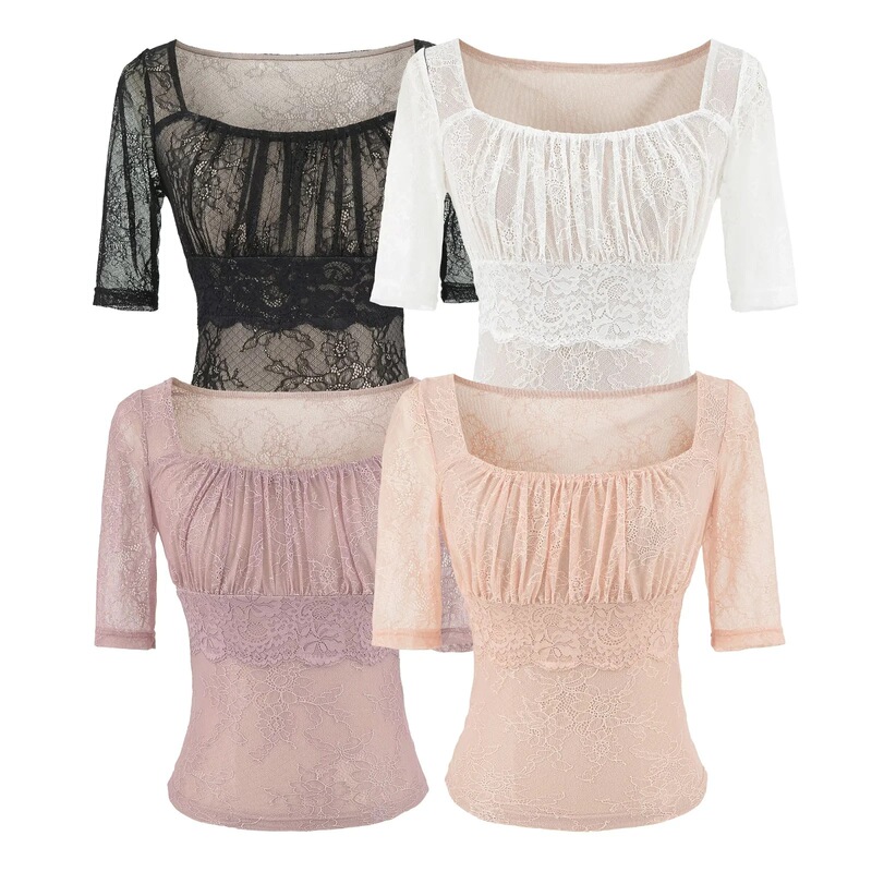 Stylish Pleated Waist-Cinching Slimming Top with Mid-Sleeve Mesh T-Shirt for Women, Summer Thin Soft Mesh Lace Shirt Trendy Stylish Pleated Waist-Cinching Slimming Top with Mid-Sleeve Mesh T-Shirt for Women, Summer Thin Soft Mesh Lace Shirt Trendy