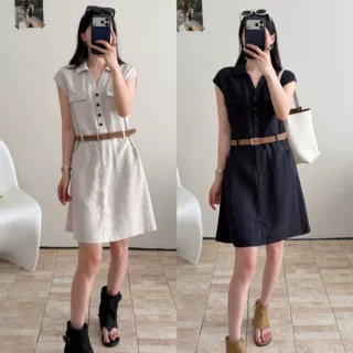 26夏季气质老钱风 亚麻+莱赛尔 工装风收腰显瘦连衣裙含腰带25998