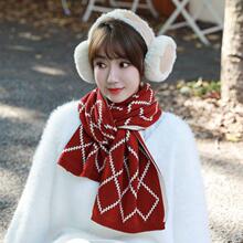 菱形格纹围巾女针织冬季日系复古学生双面毛线围脖加厚保暖百搭潮