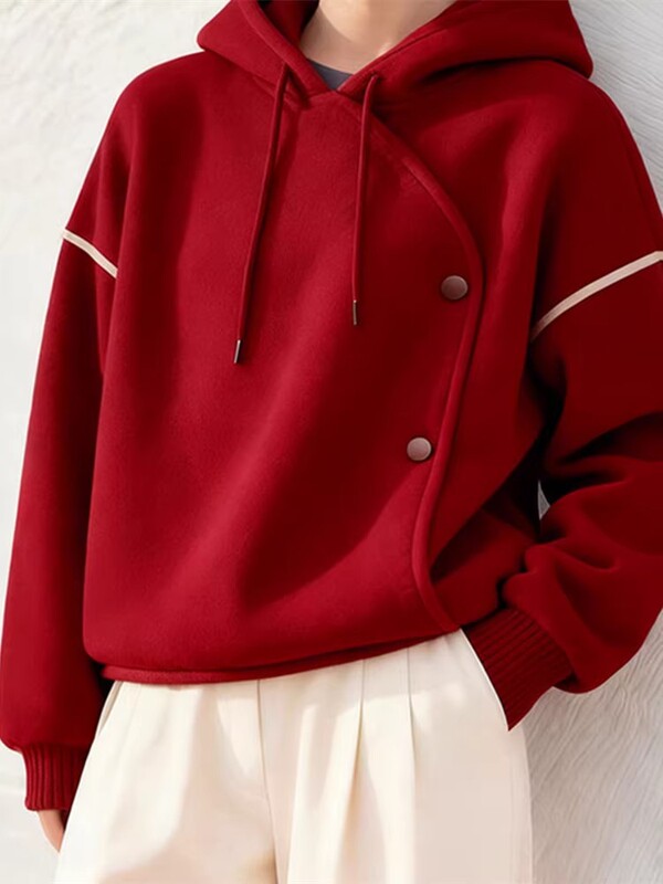2025 New Autumn and Winter Loose Lazy Style Christmas Red Hooded Asymmetrical Thickeneded Velvet Sweatshirt Jacket for Women 2025 New Autumn and Winter Loose Lazy Style Christmas Red Hooded Asymmetrical Thickeneded Velvet Sweatshirt Jacket for Women