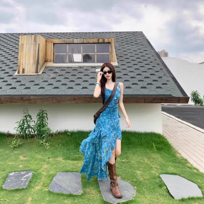 Bohemian Blue Floral Spaghetti Strap Dress Ethnic Style Vacation Dopamine Island Bright West Sichuan Xinjiang